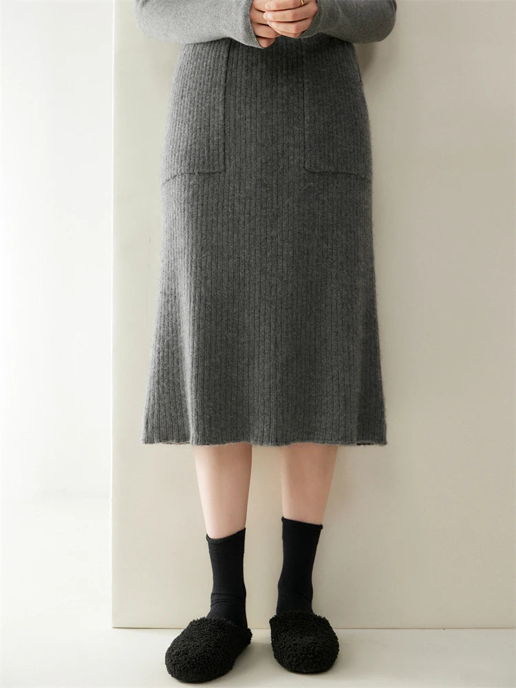 Yoyoselect 100% Cashmere Women's Skirts Autumn Winter Mid Calf Length Knitted Skirt Soft Versatile Quality OL Skirts Clothing PlatiNum