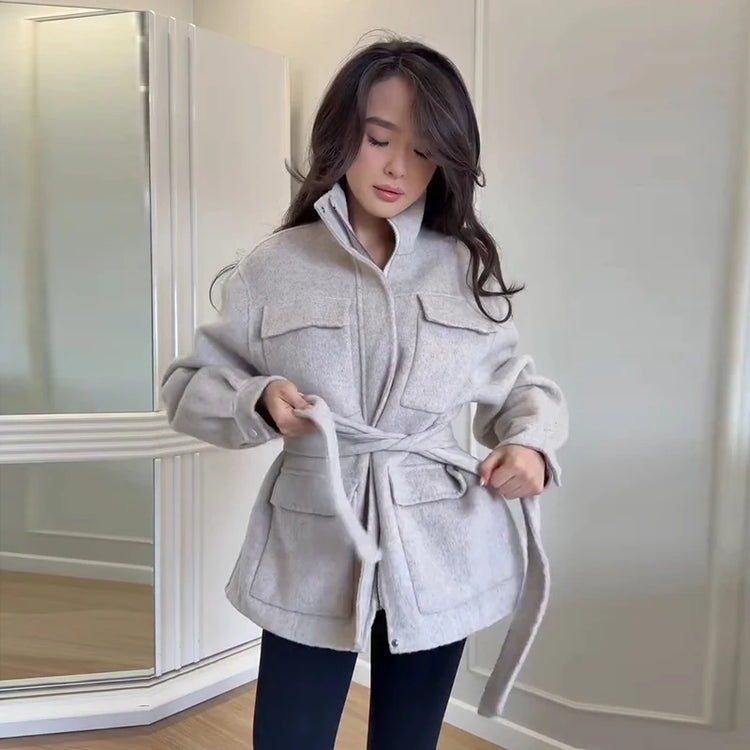 Casual Solid Woolen Loose Coats Women Belt Stand Collar Full Sleeve Zippers Lace Up Coat Female 2026 Autumn Lady Outwears