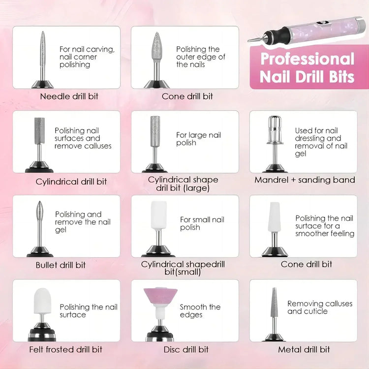 Electric Nail Drill Machine Rechargeable 500mAh Portable Nail File Kit 4 Speed Adjustable Manicure Tool for Nail Polishing Gel Removal Salon Beauty Care
