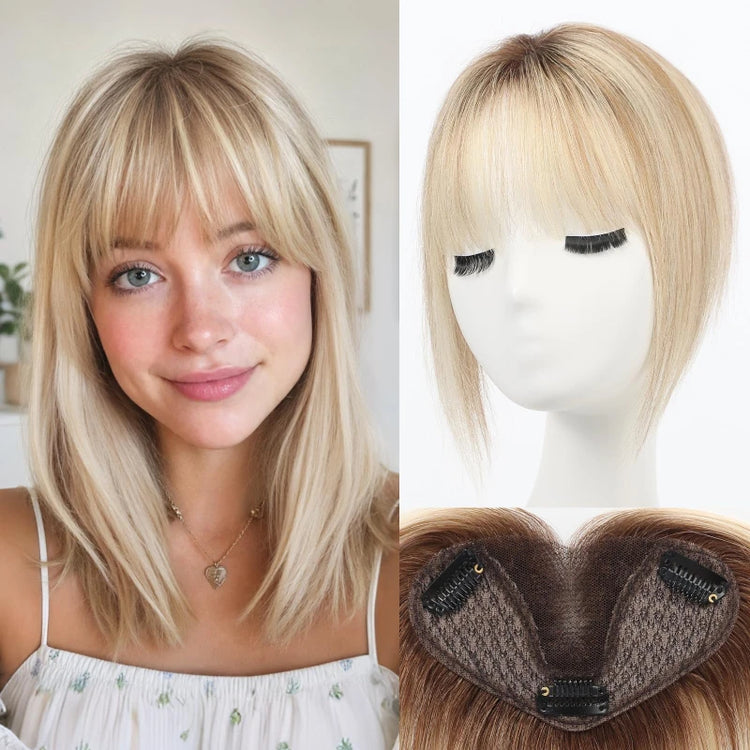 Brown Real Human Hair Toppers with Air Bangs 8inch Hairs Topper Hand-Tied Lace Base 360° Coverage for Women with Thinning Hair