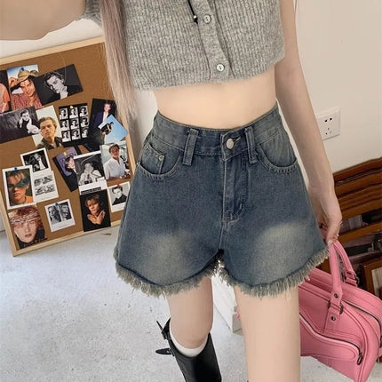 Women's retro vintage high waisted denim shorts thin casual summer with fringed edges slim and spicy A-line wide leg hot pants PlatiNum