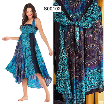 Boho Gonne Donna Rayon Beach Abito lungo Estate Bohemian Jupe Longue Femme Elastico in vita Stampa Fasciatura floreale Halter Hippie platinumshop