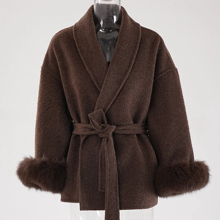 Elegant OL Office Lady Overcoats Fur Patchwork Long Sleeve Woolen Coat Beautiful Women's Clothing Jacket Autumn 2025 Spring