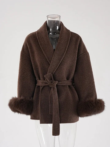 Elegant OL Office Lady Overcoats Fur Patchwork Long Sleeve Woolen Coat Beautiful Women's Clothing Jacket Autumn 2025 Spring