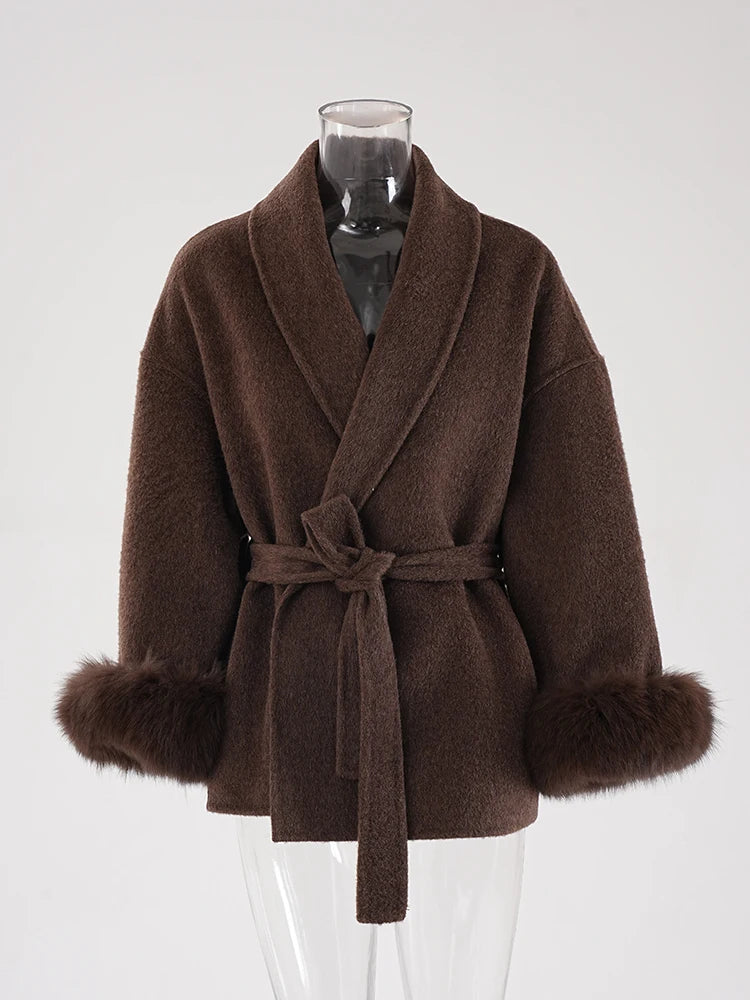 Elegant OL Office Lady Overcoats Fur Patchwork Long Sleeve Woolen Coat Beautiful Women's Clothing Jacket Autumn 2025 Spring
