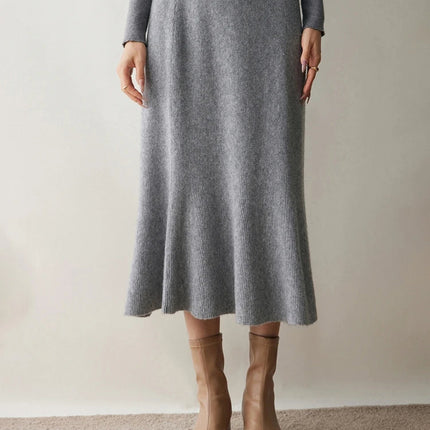 Autumn Winter Women New 100% Cashmere Fishtail Skirt  Mid Length Slimming High Waisted Knitted Umbrella Skirt Elegant Dress PlatiNum
