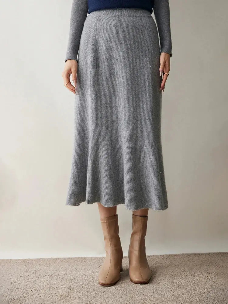 Autumn Winter Women New 100% Cashmere Fishtail Skirt  Mid Length Slimming High Waisted Knitted Umbrella Skirt Elegant Dress PlatiNum