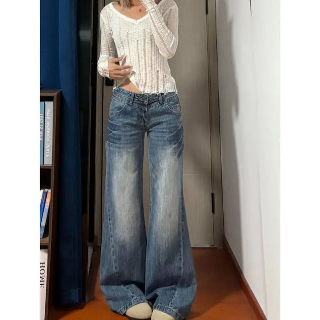 Women's New Washed Low-Rise Edgy American Vintage Jeans Versatile Flared Wide-Leg Floor-Length Denim Pants
