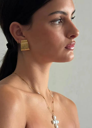 Orecchini a Perno Geometrici a Forma di C Multistrato Placcati in Oro 18K, Antiruggine, in Acciaio Inossidabile per Donne platinumshop