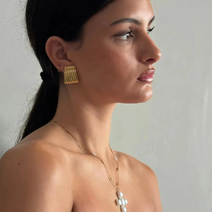 Orecchini a Perno Geometrici a Forma di C Multistrato Placcati in Oro 18K, Antiruggine, in Acciaio Inossidabile per Donne platinumshop