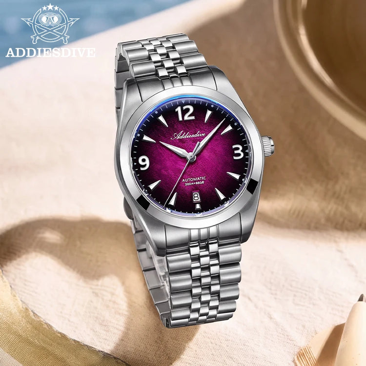 ADDIESDIVE Watch Sapphire New AD2560 Men Automatic Watches 8215 Mechanical Purple Dial Luminous Waterproof 200m Dive Wristwatch