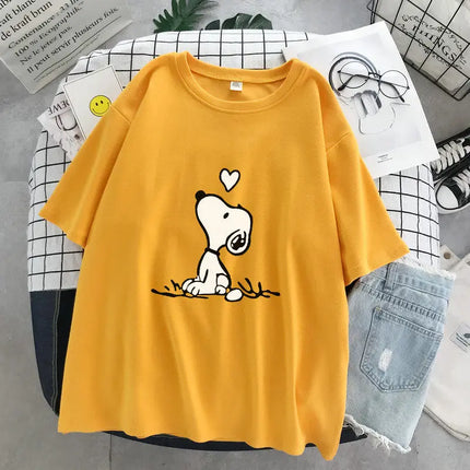 New 2026 Snoopy Cartoon Anime Women's T-shirt, White Cotton Short Sleeve Summer T-shirt, Fashion Top for Couples