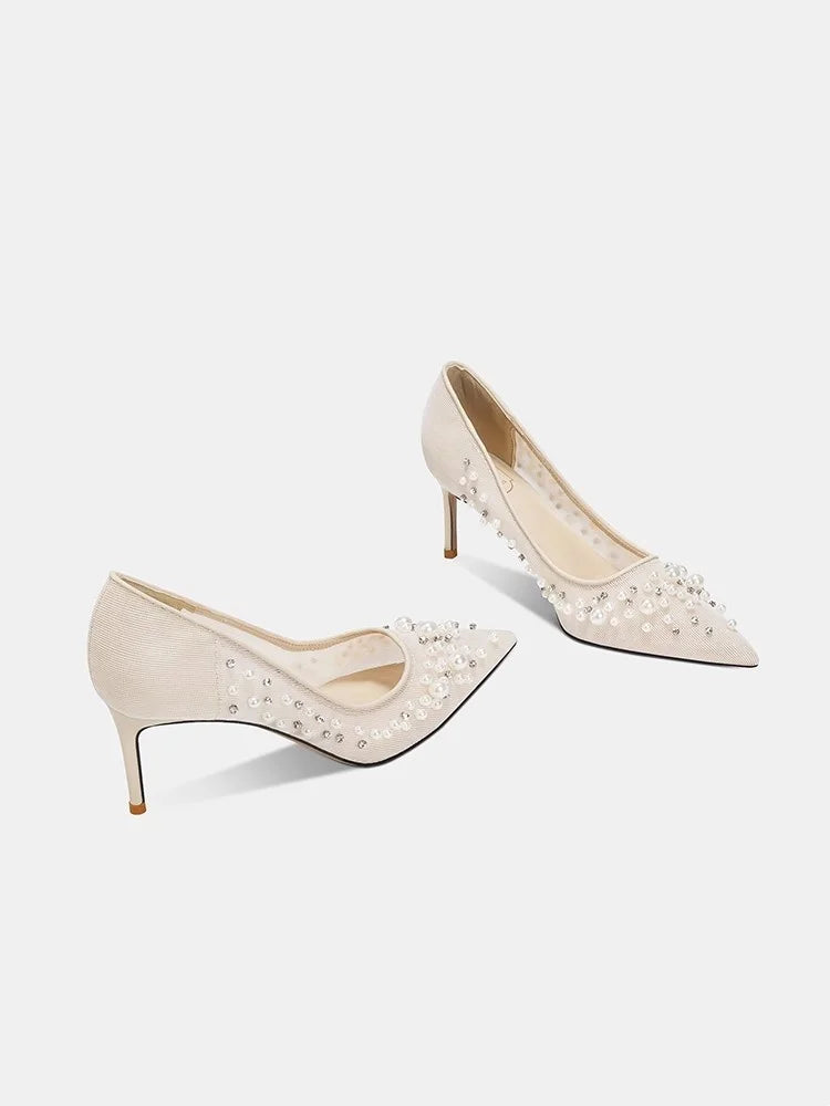 Spring and summer pointed toe shallow mouth pearl rhinestone mesh wedding shoes banquet dress stiletto high heel women's sandals