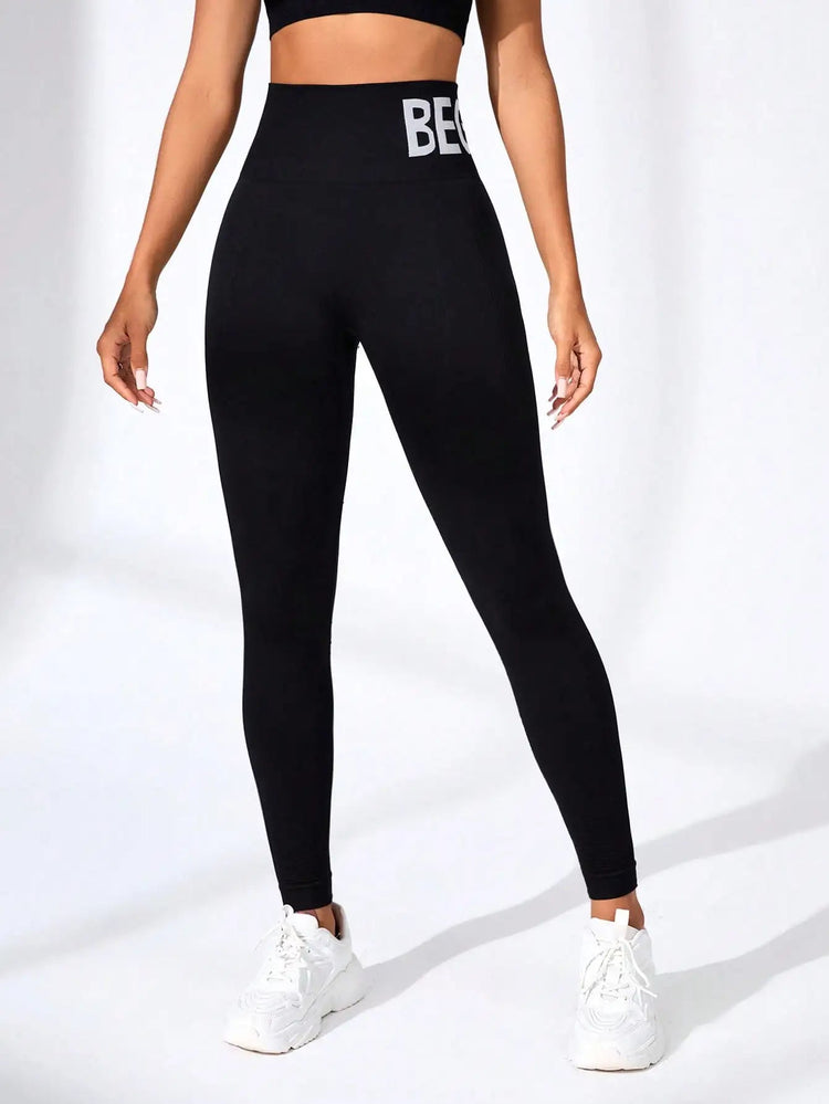 European and American Seamless Yoga Leggings with Waistband Lettering, Butt-Lifting, Quick-Dry Women's Breathable Tights for Pea PlatiNum