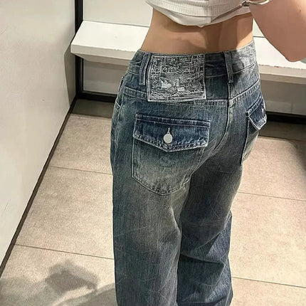 Jeans Baggy Y2K da Donna a Vita Bassa, Gamba Larga, in Denim Lavato Vintage, Pantaloni Larghi Streetwear con Dettaglio Unico Tasca Posteriore