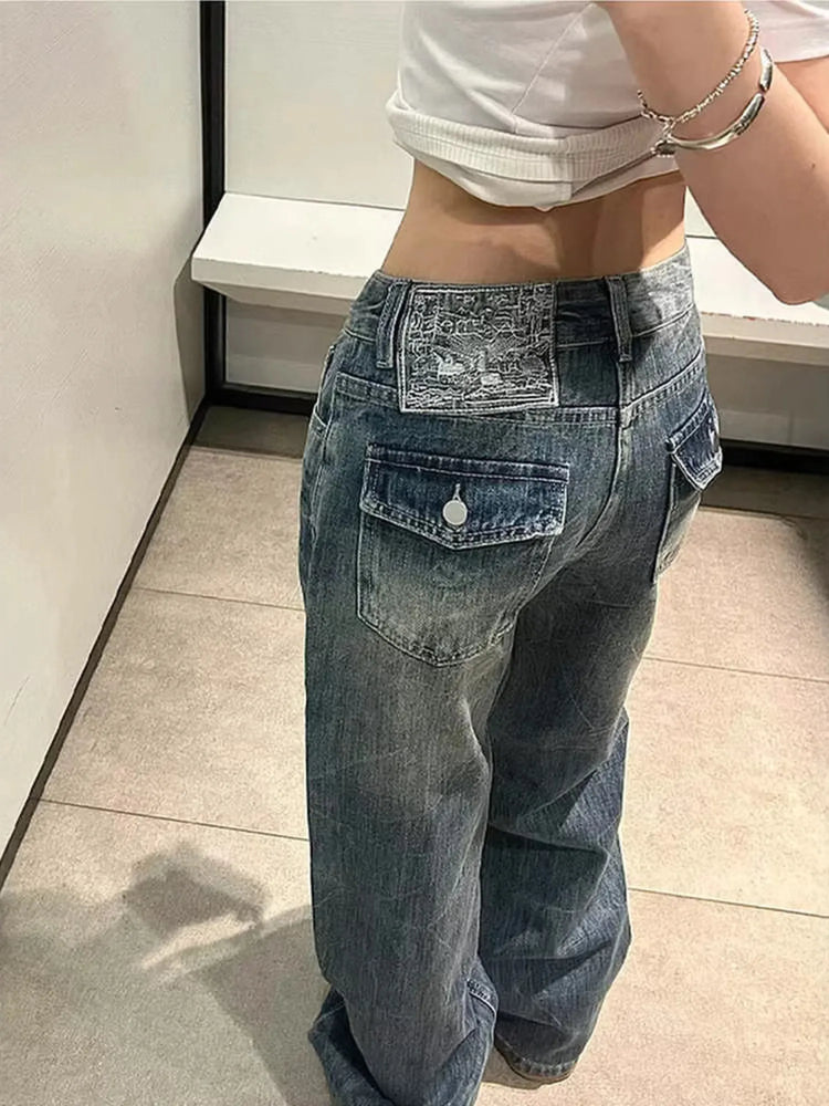Jeans Baggy Y2K da Donna a Vita Bassa, Gamba Larga, in Denim Lavato Vintage, Pantaloni Larghi Streetwear con Dettaglio Unico Tasca Posteriore