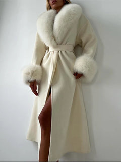 White Fur Patchwork Lace-up Overcoats Women's Street V-neck Full Sleeve Long Woolen Coat 2025 Winter New Ladies Thick Outwear