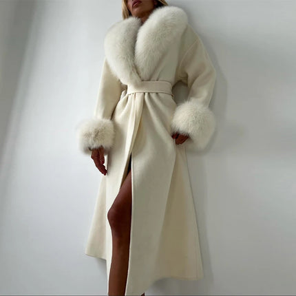 White Fur Patchwork Lace-up Overcoats Women's Street V-neck Full Sleeve Long Woolen Coat 2025 Winter New Ladies Thick Outwear
