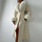 White Fur Patchwork Lace-up Overcoats Women's Street V-neck Full Sleeve Long Woolen Coat 2025 Winter New Ladies Thick Outwear