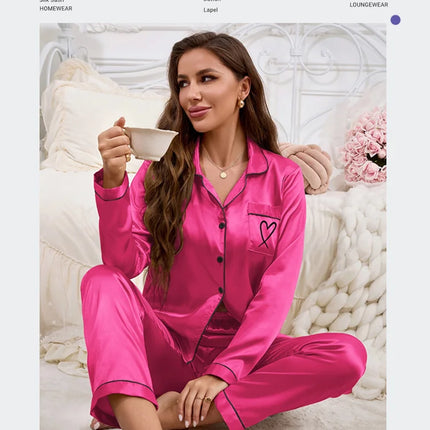 Vestiti per la casa delle donne Pigiama in raso Autunno Tasca a maniche lunghe Ricamo a forma di cuore Top e pantaloni Pigiama Femme Loungewear Pj Set