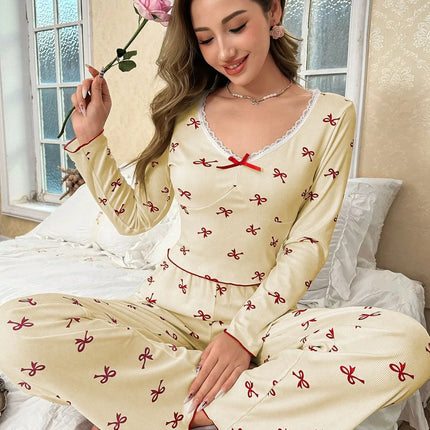 Primavera e autunno nuovi indumenti da notte da donna con fiocco a farfalla a maniche lunghe set stampato elastico da donna casual comodi vestiti per la casa