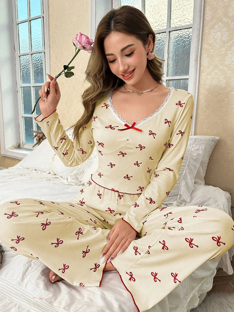 Primavera e autunno nuovi indumenti da notte da donna con fiocco a farfalla a maniche lunghe set stampato elastico da donna casual comodi vestiti per la casa