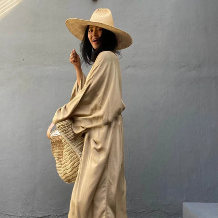 Solid Beach Cover Up Women Self Belted Wrap Kimono Dress Costume da bagno 2025 New Robe Summer Beachwear Fornitura in fabbrica platinumshop