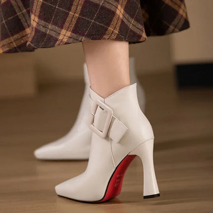 Women's Elegant High Heels Ankle Boots 2025 Spring Belt Buckle Pu Leather Short Boots Woman Plus Size 43 Thin Heeled Party Shoes