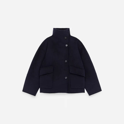 Elegant Women's Belt Short Woolen Coats Loose Stand Collar Single-breasted Long Sleeve Jacket 2026 Autumn Lady Commute Outwear