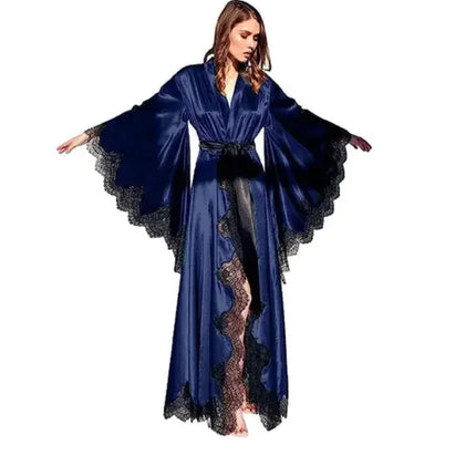 Vestaglie da donna Indumenti da notte Pigiama kimono Puro lungo raso di seta nera con finiture in pizzo Abito fotografico Abito da sposa Abito da sposa Servizio fotografico