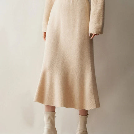 Autumn Winter Women New 100% Cashmere Fishtail Skirt  Mid Length Slimming High Waisted Knitted Umbrella Skirt Elegant Dress PlatiNum