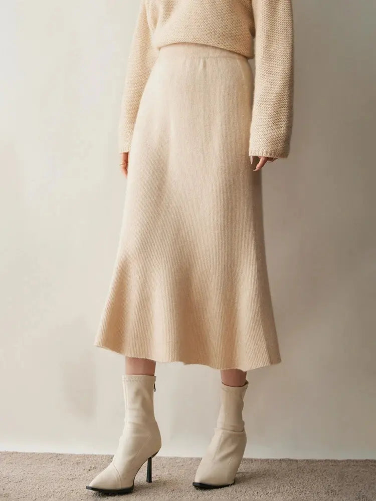 Autumn Winter Women New 100% Cashmere Fishtail Skirt  Mid Length Slimming High Waisted Knitted Umbrella Skirt Elegant Dress PlatiNum