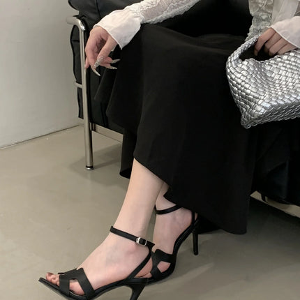 Alionly 2026 New Summer Fashion Open Toe Sandals Women Metal Buckle Narrow Band Thin Low Heel Gladiator Party Shoes
