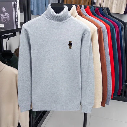 High-End Man Spring Long-Sleeved Knitwear Bear Print High Neck Hot Pullover Versatile Trend Leisure Warm Sweater Men's Clothing