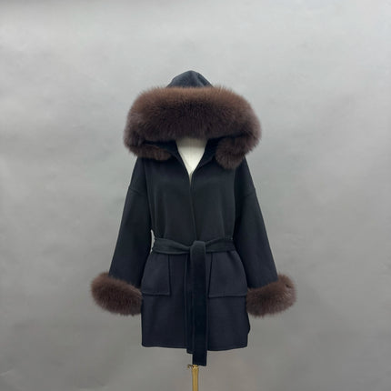 MISSJANEFUR Wool Coat with Real Fox Fur Collar Cuff Women Fashion Belted Cashmere Coats Warm Winter Hooded Trench Peacoat