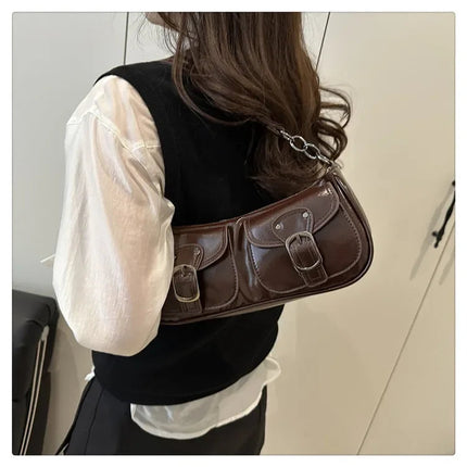 Fashion Pu Leather Women's Shoulder Bag Small Double Pocket Design Ladies Underarm Bags Y2k Vintage Female Handbags Clutch Purse PlatiNum