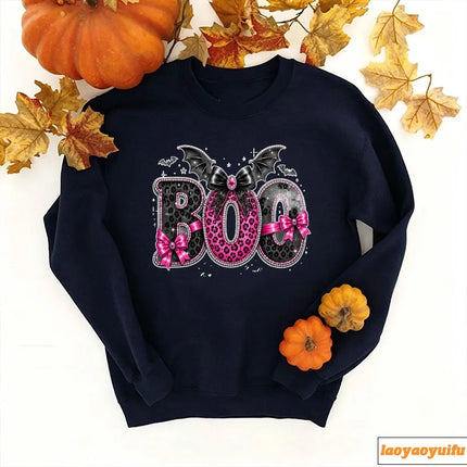 Boo Pink Leopard Print Bow Bat Wings Glitter Graphic Print Pullover Long Sleeve Casual Loose Streetwear Fashion Sweatshirts Tops