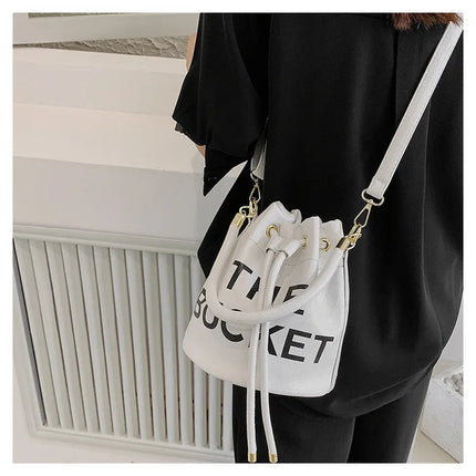 Spring New Fashion Letter PU Leather Bucket Bag Women Simple City Style Shoulder Handbag Trendy Crossbody Satchel Handbag PlatiNum