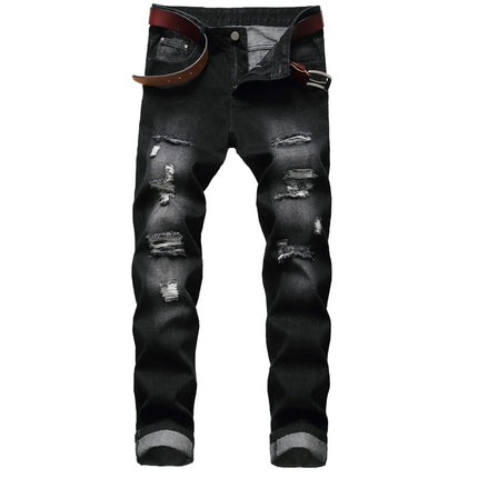 Casual Men's Light Blue Denim Jeans Ripped Straight Leg Slim Fit Non-Elastic Torn Casual Style Chinese Production PlatiNum