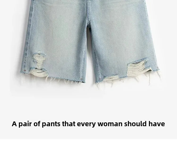 Blue Denim Shorts For Women High-Waisted Loose-Fit Slimming Casual Straight-Leg Mid-Length Summer New Arrival 2024 PlatiNum