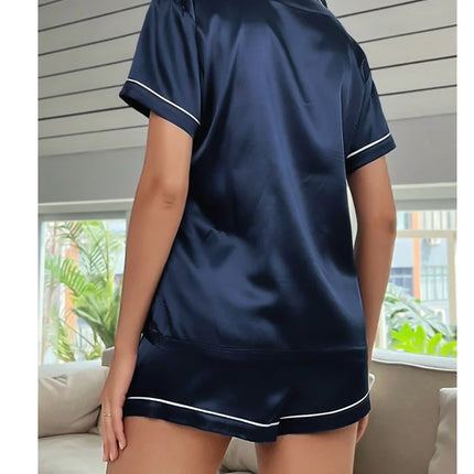 Pigiama da donna in raso di seta estivo Set Top e pantaloncini abbottonati 2 pezzi indumenti da notte colletto dentellato indumenti da notte Loungewear per le donne