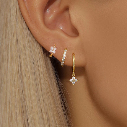 3PCS Trendy Stainless Steel Flower Drop Earring Set For Women Crystal Zirconia Dangle Earring Hypoallerg Piercing Jewelry aretes PlatiNum