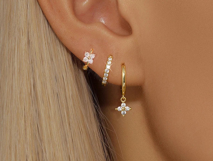 3PCS Trendy Stainless Steel Flower Drop Earring Set For Women Crystal Zirconia Dangle Earring Hypoallerg Piercing Jewelry aretes PlatiNum