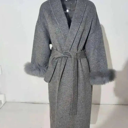 UCXQ Elegant Woolen Coat Temperament Office Lady Overcoats Fur Patchwork Long Sleeve Beautiful Women's Coats 2025 Winter New