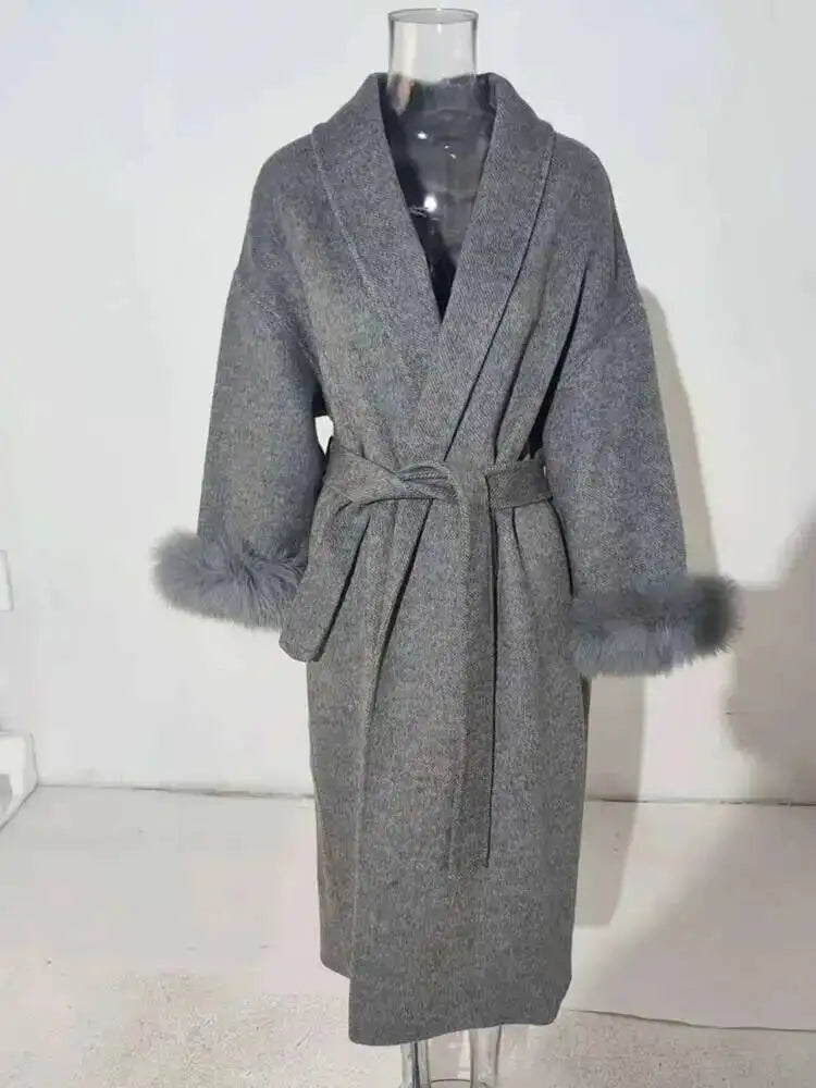 UCXQ Elegant Woolen Coat Temperament Office Lady Overcoats Fur Patchwork Long Sleeve Beautiful Women's Coats 2025 Winter New