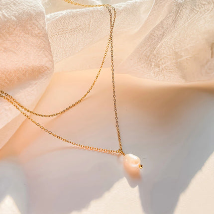 eManco Minimalist Freshwater Pearl Necklace Women Girls 14K Gold Plated Stainless Steel Double Layer Necklace Wedding Jewelry PlatiNum