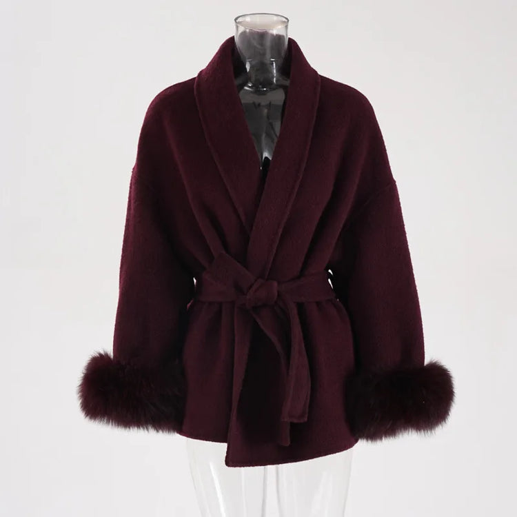 UCXQ Elegant Woolen Coat Temperament Office Lady Overcoats Fur Patchwork Long Sleeve Beautiful Women's Coats 2025 Winter New
