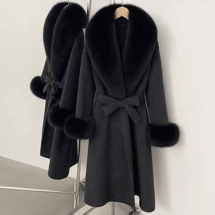 TARUXY Women Luxurious Faux Fox Fur Collar Long Jacket Elegant Solid Long-Sleeved Loose Lace Up Street Warm Coat 2026 Winter New
