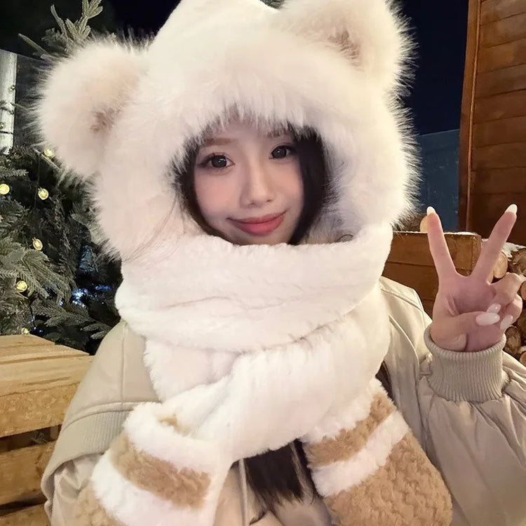 Women's Hat Beanie Balaclava Winter Cap Winter Women's Cute Thickened Fox Plush Hat Scarf Glove Three-in-one Cycling Warmth