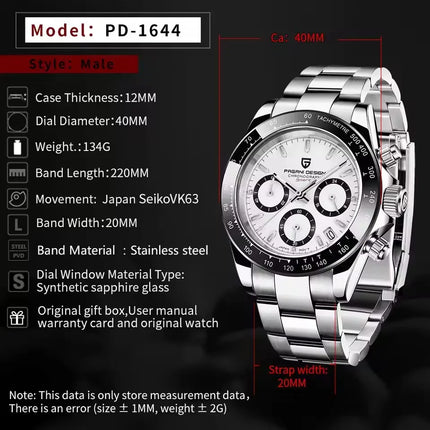 PAGANI DESIGN V2 Orologio da uomo al quarzo con movimento VK63, vetro zaffiro, acciaio inossidabile, impermeabile fino a 100 m, orologio sportivo da uomo PD1644